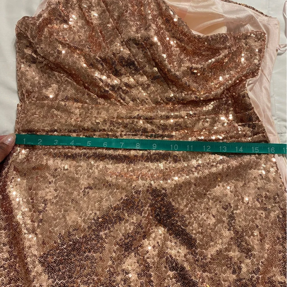 Rose Gold One Shoulder Evening Gown with Broken Zipper - Picture 2 of 7